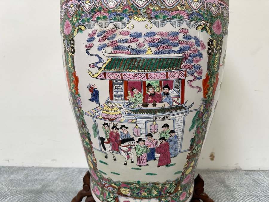 Large Vintage Signed Chinese Hand Painted Porcelain Vase With Wooden Stand 36H X 16W (49H With Stand) [Photo 5]