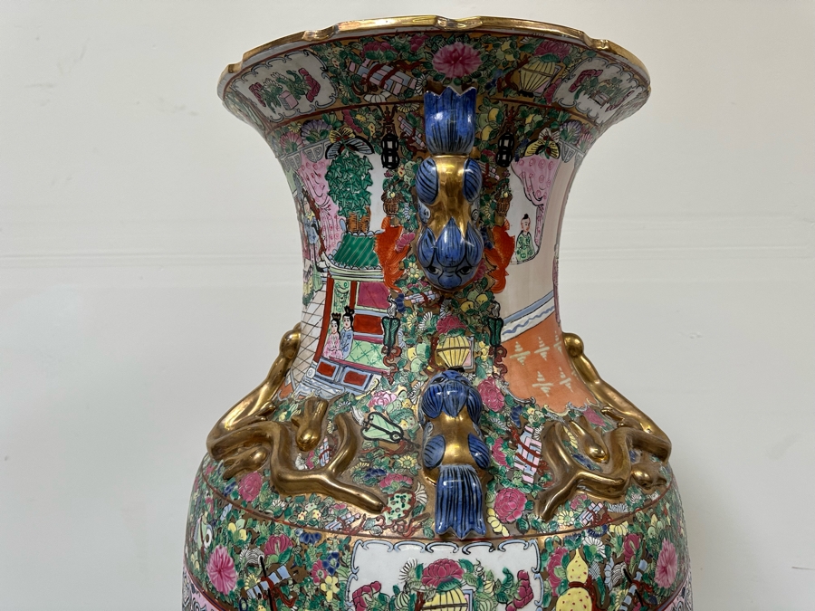 Large Vintage Signed Chinese Hand Painted Porcelain Vase With Wooden Stand 36H X 16W (49H With Stand) [Photo 16]