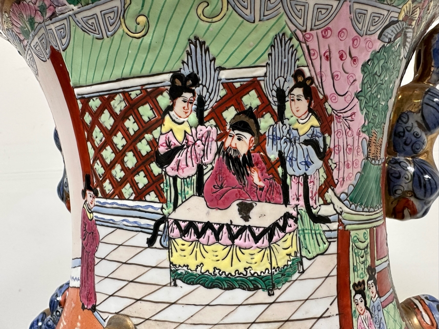 Large Vintage Signed Chinese Hand Painted Porcelain Vase With Wooden Stand 36H X 16W (49H With Stand) [Photo 9]