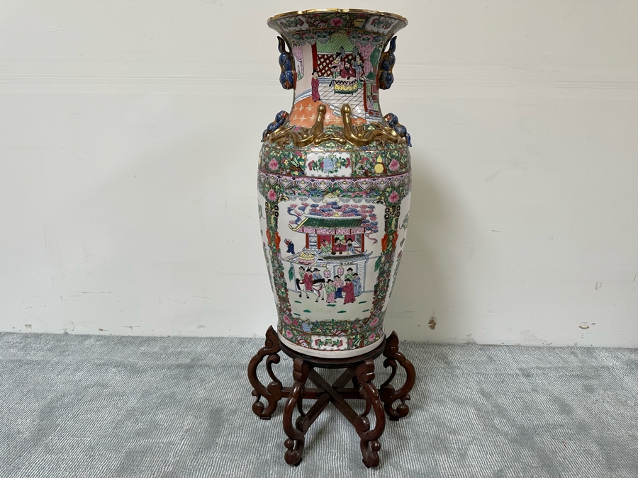 Large Vintage Signed Chinese Hand Painted Porcelain Vase With Wooden Stand 36H X 16W (49H With Stand) [Photo 17]