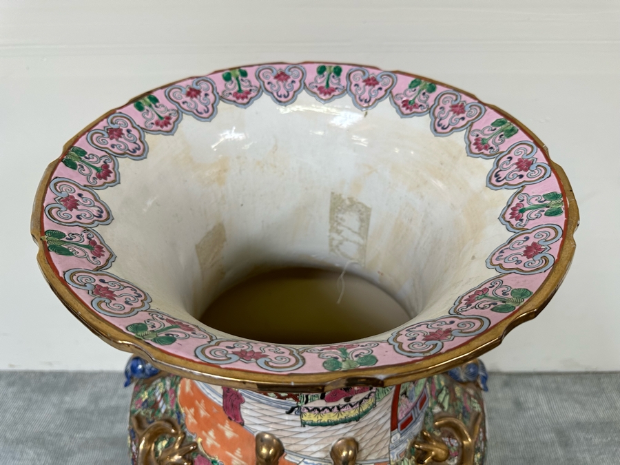 Large Vintage Signed Chinese Hand Painted Porcelain Vase With Wooden Stand 36H X 16W (49H With Stand) [Photo 12]