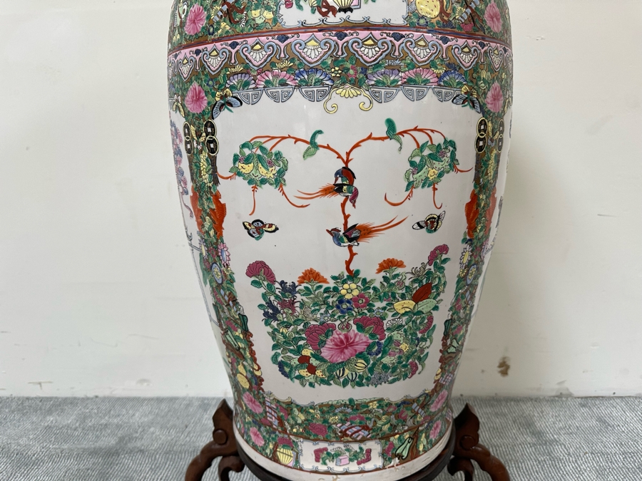 Large Vintage Signed Chinese Hand Painted Porcelain Vase With Wooden Stand 36H X 16W (49H With Stand) [Photo 15]