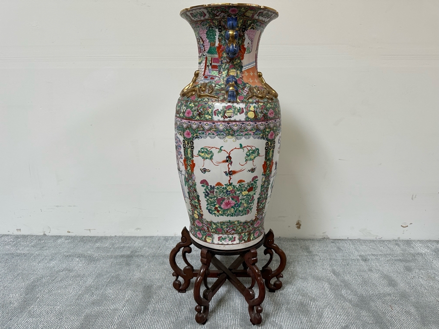 Large Vintage Signed Chinese Hand Painted Porcelain Vase With Wooden Stand 36H X 16W (49H With Stand) [Photo 13]