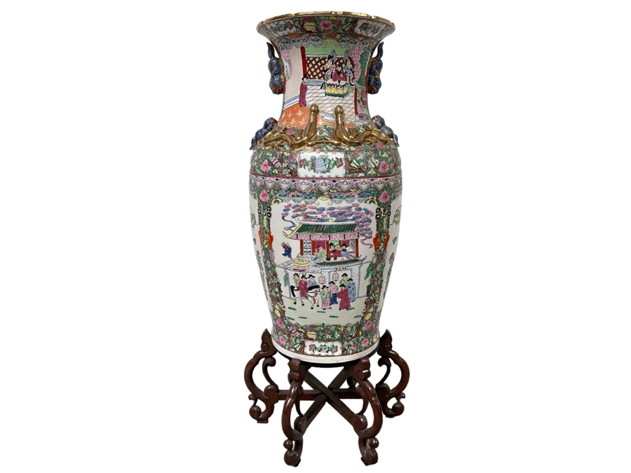 Large Vintage Signed Chinese Hand Painted Porcelain Vase With Wooden Stand 36H X 16W (49H With Stand)