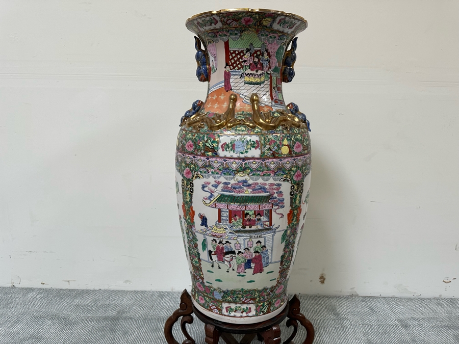 Large Vintage Signed Chinese Hand Painted Porcelain Vase With Wooden Stand 36H X 16W (49H With Stand) [Photo 18]