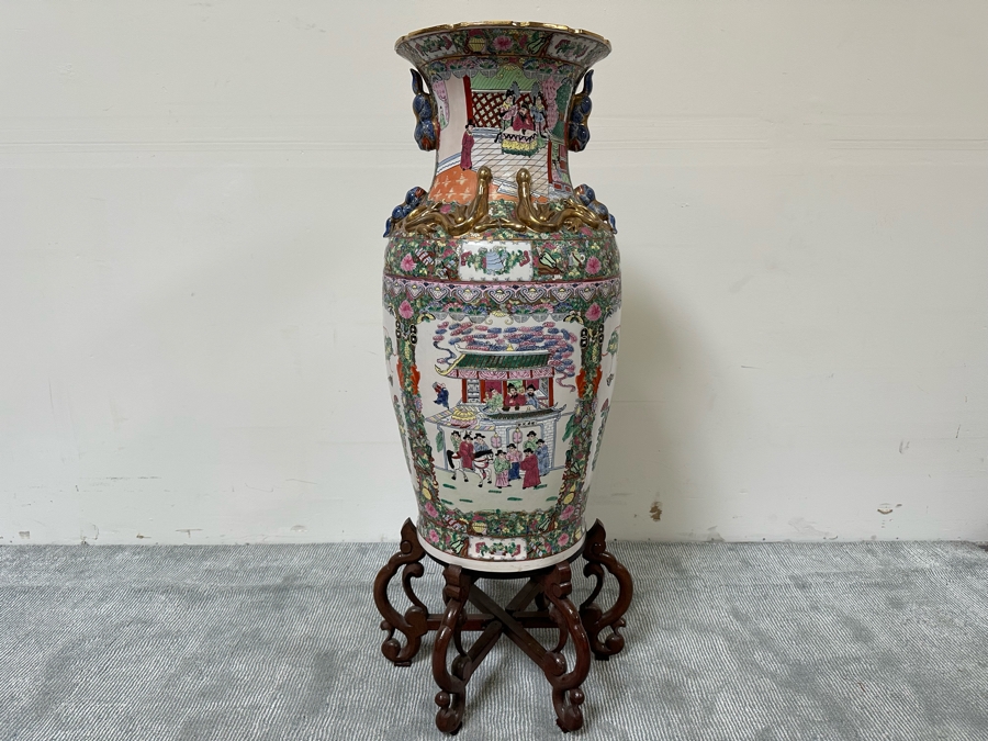 Large Vintage Signed Chinese Hand Painted Porcelain Vase With Wooden Stand 36H X 16W (49H With Stand) [Photo 4]