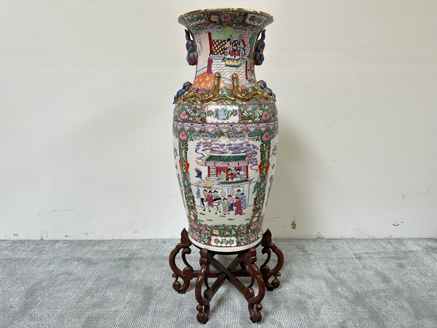 Large Vintage Signed Chinese Hand Painted Porcelain Vase With Wooden Stand 36H X 16W (49H With Stand) [Photo 3]