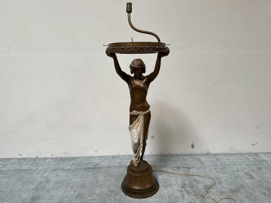 Vintage Wooden Art Deco Figural Lady Holding Up Light Floor Lamp (Believe It Had A Glass Globe Shade Originally) - See Photos For Included Shade - Floor To Base Of Shade Measures 43'H [Photo 8]