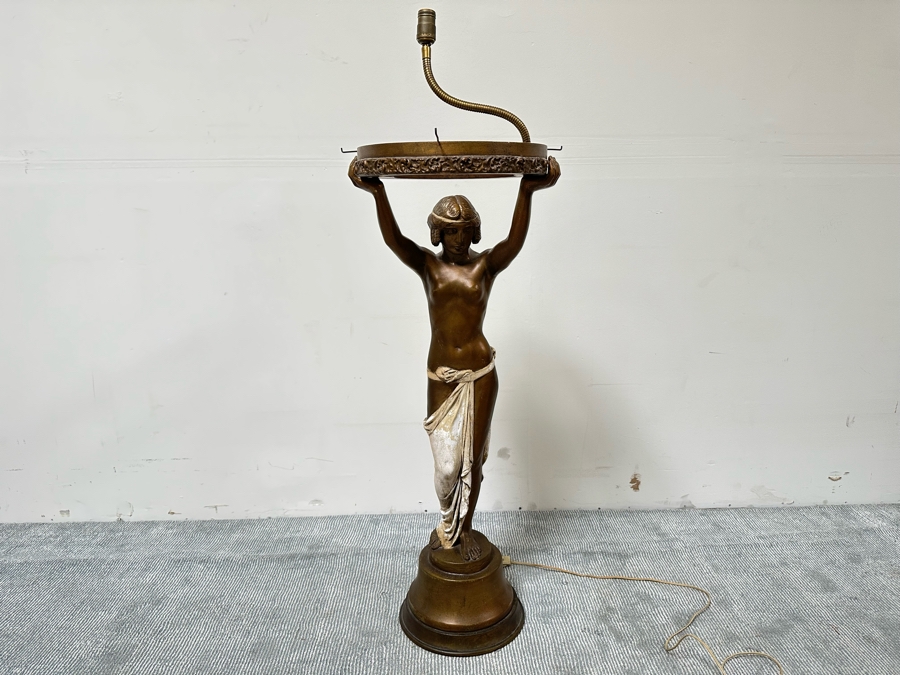 Vintage Wooden Art Deco Figural Lady Holding Up Light Floor Lamp (Believe It Had A Glass Globe Shade Originally) - See Photos For Included Shade - Floor To Base Of Shade Measures 43'H [Photo 7]