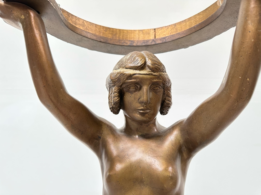 Vintage Wooden Art Deco Figural Lady Holding Up Light Floor Lamp (Believe It Had A Glass Globe Shade Originally) - See Photos For Included Shade - Floor To Base Of Shade Measures 43'H [Photo 11]