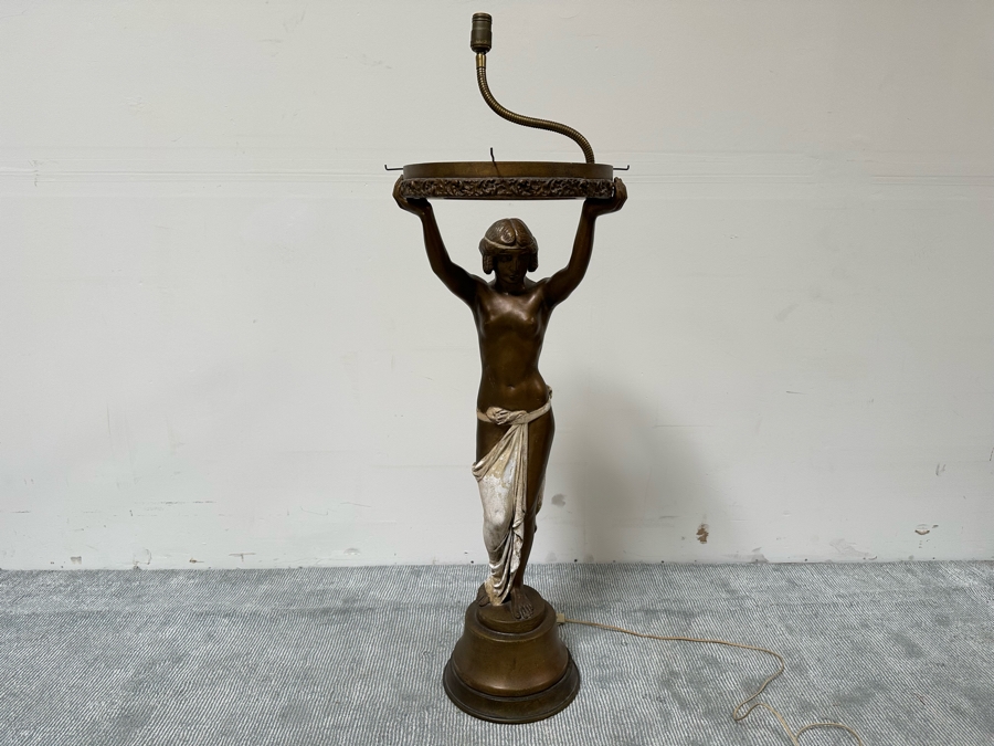 Vintage Wooden Art Deco Figural Lady Holding Up Light Floor Lamp (Believe It Had A Glass Globe Shade Originally) - See Photos For Included Shade - Floor To Base Of Shade Measures 43'H [Photo 6]