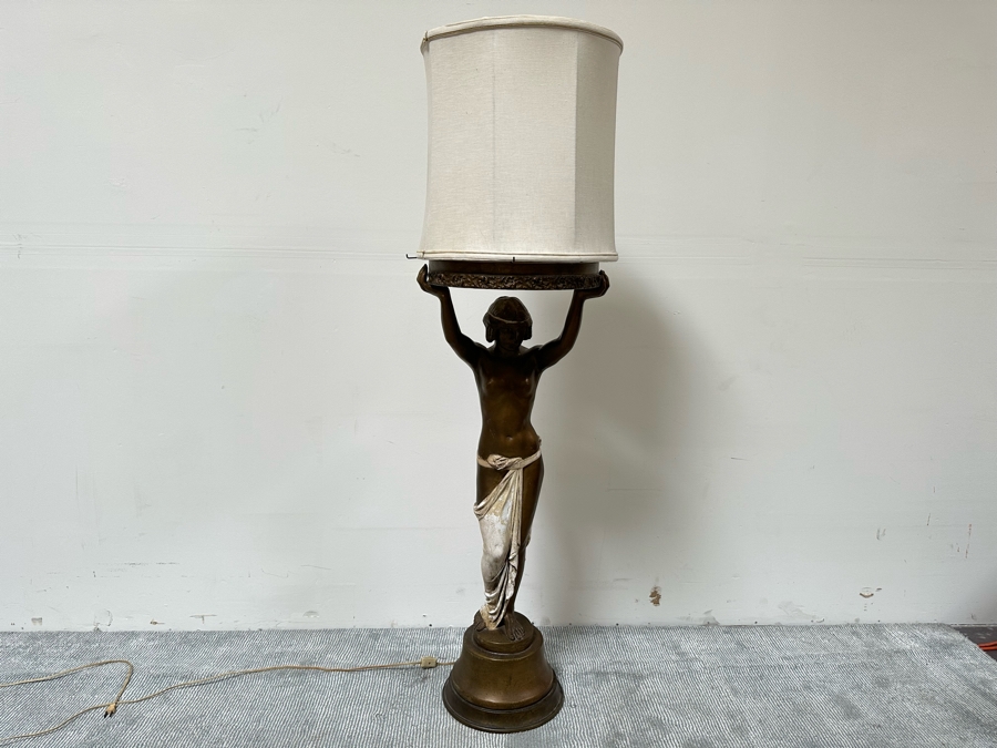 Vintage Wooden Art Deco Figural Lady Holding Up Light Floor Lamp (Believe It Had A Glass Globe Shade Originally) - See Photos For Included Shade - Floor To Base Of Shade Measures 43'H [Photo 22]