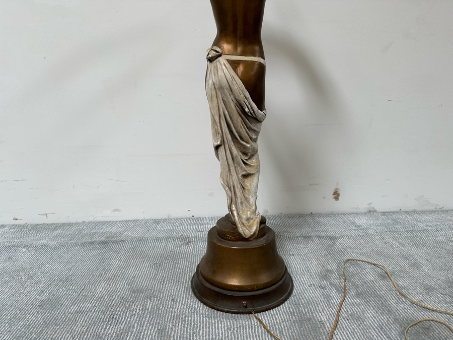 Vintage Wooden Art Deco Figural Lady Holding Up Light Floor Lamp (Believe It Had A Glass Globe Shade Originally) - See Photos For Included Shade - Floor To Base Of Shade Measures 43'H [Photo 20]