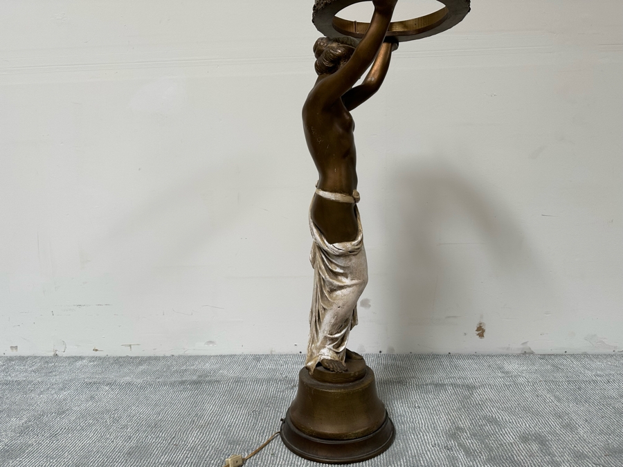 Vintage Wooden Art Deco Figural Lady Holding Up Light Floor Lamp (Believe It Had A Glass Globe Shade Originally) - See Photos For Included Shade - Floor To Base Of Shade Measures 43'H [Photo 21]