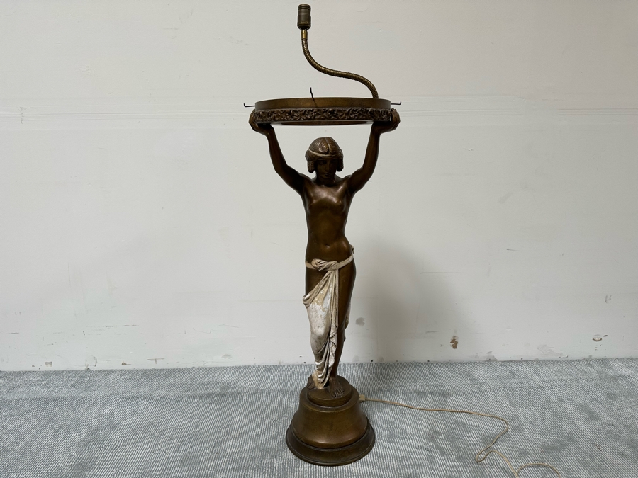 Vintage Wooden Art Deco Figural Lady Holding Up Light Floor Lamp (Believe It Had A Glass Globe Shade Originally) - See Photos For Included Shade - Floor To Base Of Shade Measures 43'H [Photo 9]