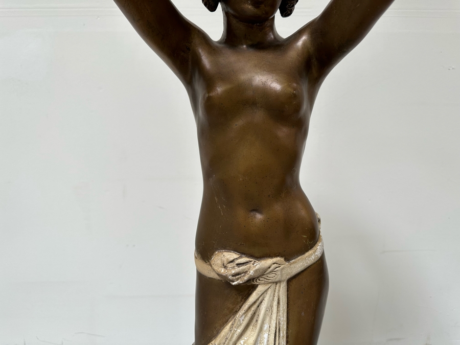 Vintage Wooden Art Deco Figural Lady Holding Up Light Floor Lamp (Believe It Had A Glass Globe Shade Originally) - See Photos For Included Shade - Floor To Base Of Shade Measures 43'H [Photo 14]