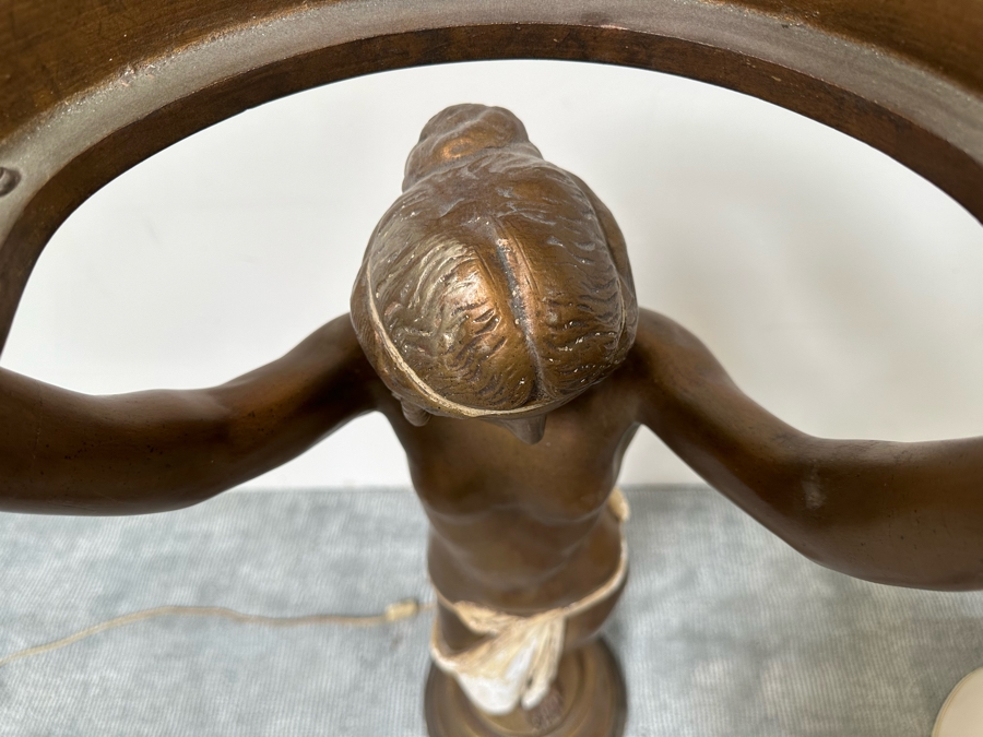 Vintage Wooden Art Deco Figural Lady Holding Up Light Floor Lamp (Believe It Had A Glass Globe Shade Originally) - See Photos For Included Shade - Floor To Base Of Shade Measures 43'H [Photo 24]