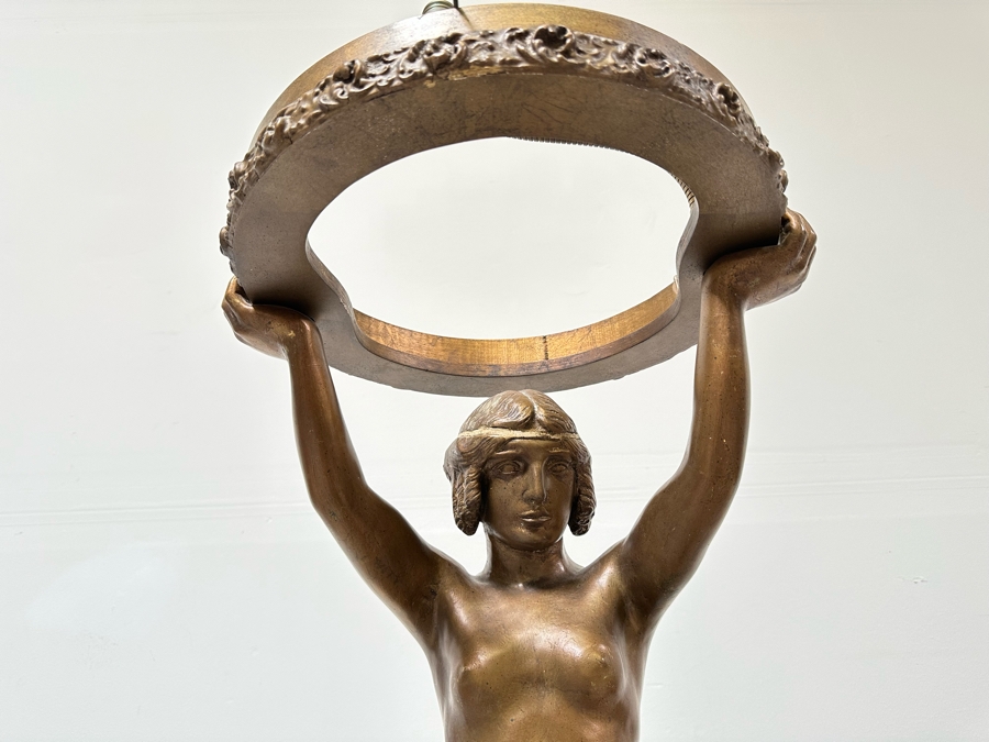 Vintage Wooden Art Deco Figural Lady Holding Up Light Floor Lamp (Believe It Had A Glass Globe Shade Originally) - See Photos For Included Shade - Floor To Base Of Shade Measures 43'H [Photo 13]