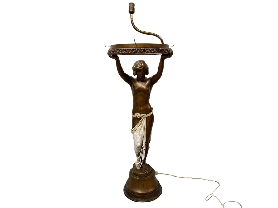 Vintage Wooden Art Deco Figural Lady Holding Up Light Floor Lamp (Believe It Had A Glass Globe Shade Originally) - See Photos For Included Shade - Floor To Base Of Shade Measures 43'H [Photo 1]