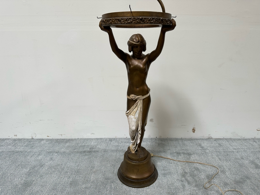 Vintage Wooden Art Deco Figural Lady Holding Up Light Floor Lamp (Believe It Had A Glass Globe Shade Originally) - See Photos For Included Shade - Floor To Base Of Shade Measures 43'H [Photo 5]