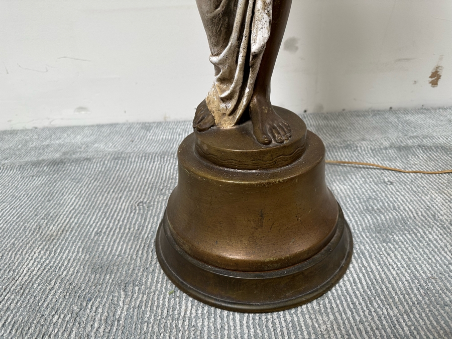 Vintage Wooden Art Deco Figural Lady Holding Up Light Floor Lamp (Believe It Had A Glass Globe Shade Originally) - See Photos For Included Shade - Floor To Base Of Shade Measures 43'H [Photo 16]