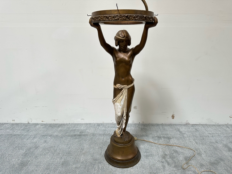 Vintage Wooden Art Deco Figural Lady Holding Up Light Floor Lamp (Believe It Had A Glass Globe Shade Originally) - See Photos For Included Shade - Floor To Base Of Shade Measures 43'H [Photo 3]