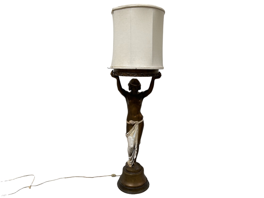 Vintage Wooden Art Deco Figural Lady Holding Up Light Floor Lamp (Believe It Had A Glass Globe Shade Originally) - See Photos For Included Shade - Floor To Base Of Shade Measures 43'H [Photo 2]