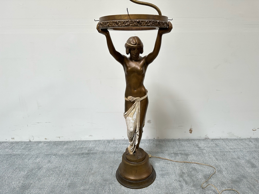 Vintage Wooden Art Deco Figural Lady Holding Up Light Floor Lamp (Believe It Had A Glass Globe Shade Originally) - See Photos For Included Shade - Floor To Base Of Shade Measures 43'H [Photo 10]