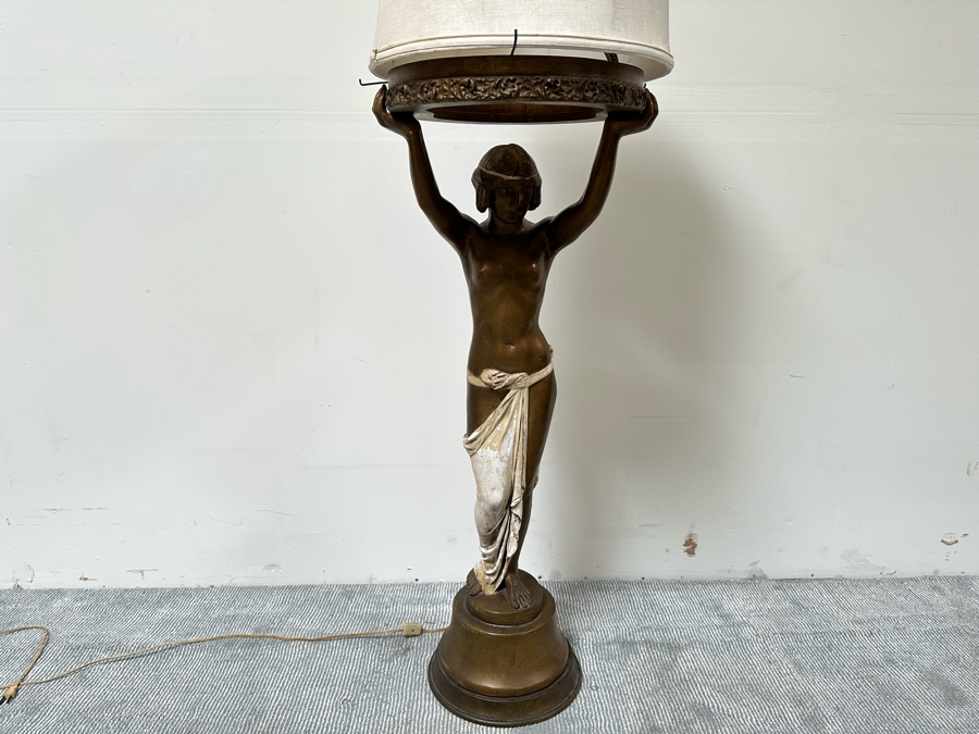 Vintage Wooden Art Deco Figural Lady Holding Up Light Floor Lamp (Believe It Had A Glass Globe Shade Originally) - See Photos For Included Shade - Floor To Base Of Shade Measures 43'H [Photo 23]