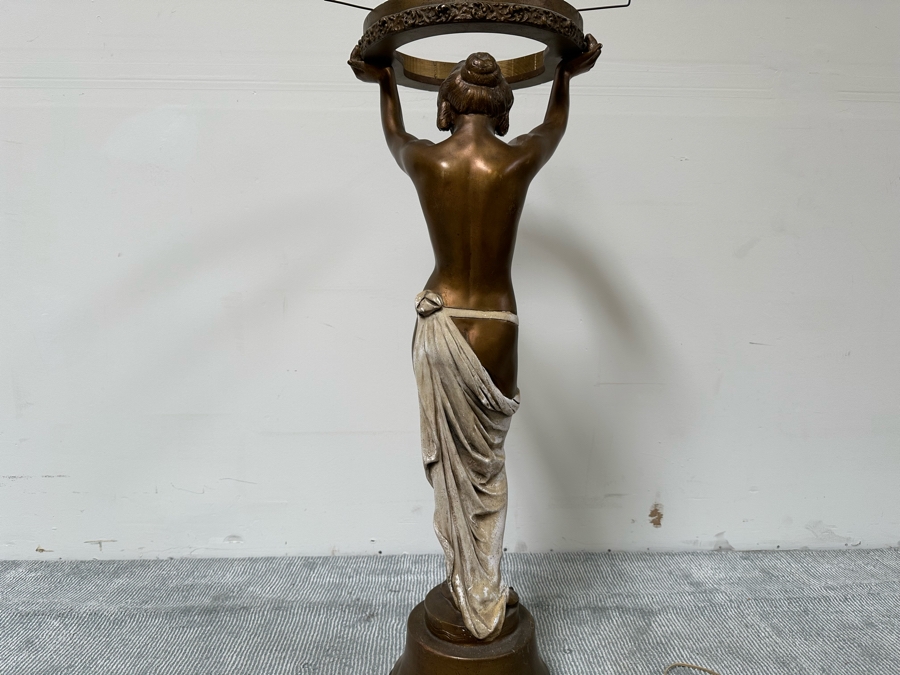 Vintage Wooden Art Deco Figural Lady Holding Up Light Floor Lamp (Believe It Had A Glass Globe Shade Originally) - See Photos For Included Shade - Floor To Base Of Shade Measures 43'H [Photo 18]