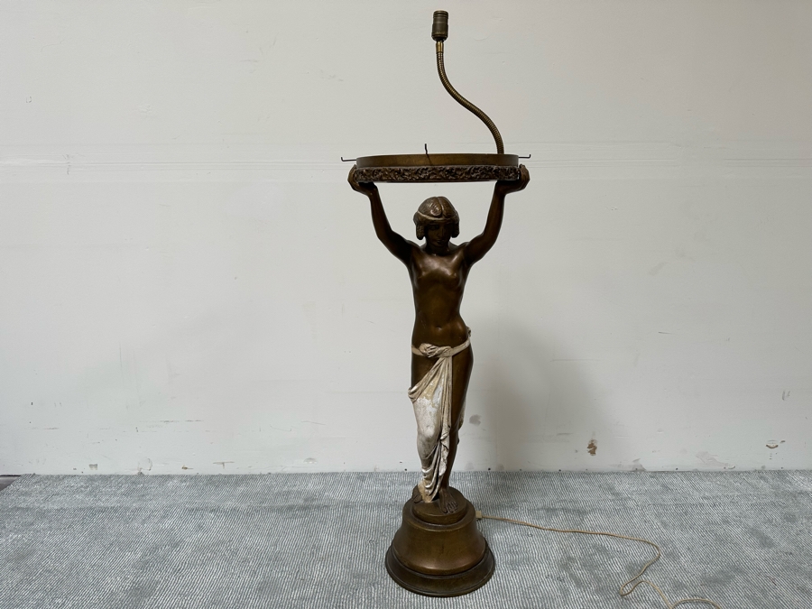 Vintage Wooden Art Deco Figural Lady Holding Up Light Floor Lamp (Believe It Had A Glass Globe Shade Originally) - See Photos For Included Shade - Floor To Base Of Shade Measures 43'H [Photo 4]
