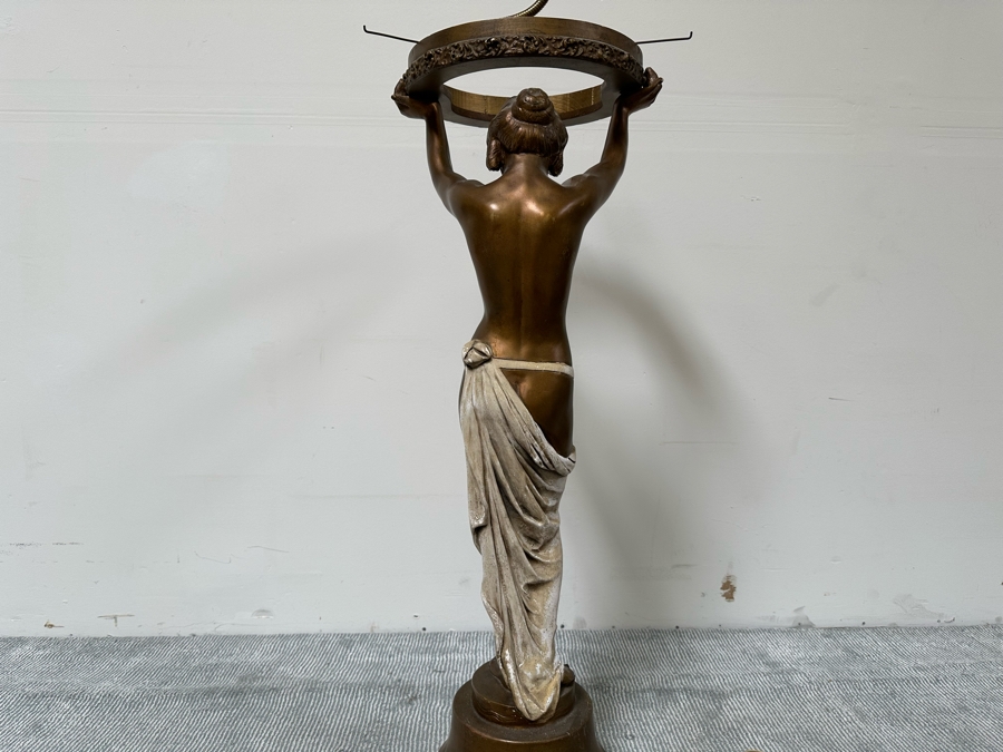 Vintage Wooden Art Deco Figural Lady Holding Up Light Floor Lamp (Believe It Had A Glass Globe Shade Originally) - See Photos For Included Shade - Floor To Base Of Shade Measures 43'H [Photo 19]