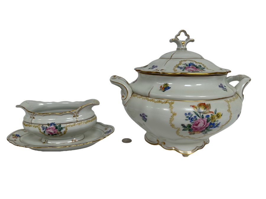 Vintage Ilmenau Graf Von Henneberg Carmen Pink Rose Porcelain Soup Tureen 12W X 10H And Gravy Boat China [Photo 1]