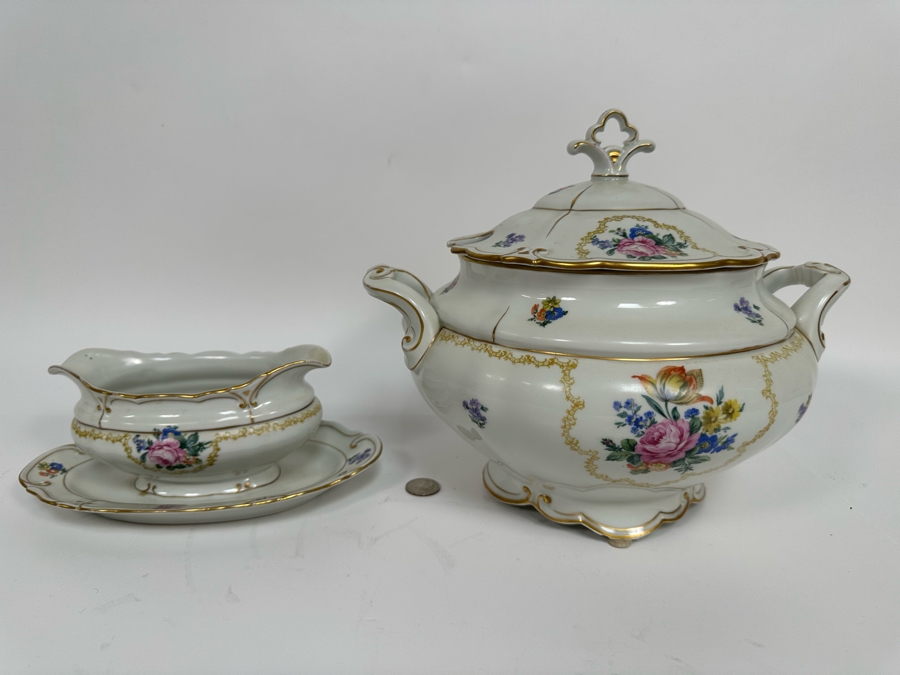 Vintage Ilmenau Graf Von Henneberg Carmen Pink Rose Porcelain Soup Tureen 12W X 10H And Gravy Boat China [Photo 2]