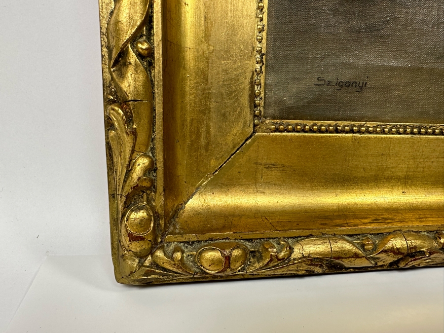 Antique Oil Painting On Canvas 20 X 14 In Antique Gilt Wooden Frame 25 X 19 Signed Szigonyi [Photo 8]