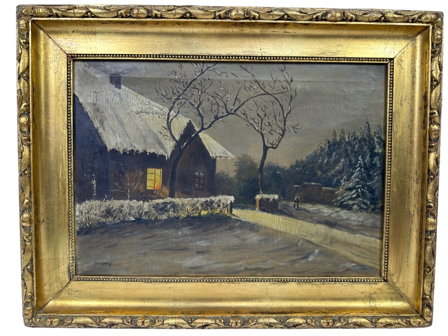 Antique Oil Painting On Canvas 20 X 14 In Antique Gilt Wooden Frame 25 X 19 Signed Szigonyi