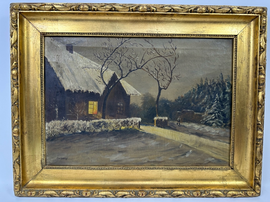 Antique Oil Painting On Canvas 20 X 14 In Antique Gilt Wooden Frame 25 X 19 Signed Szigonyi [Photo 3]