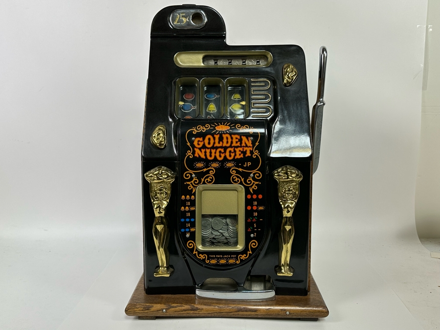 1940s Mills 25 Cent Black And Gold Golden Nugget Slot Machine Believed To Be A Reproduction In Great Working Condition Loaded With Quarters Ready To Payout 16W X 15.5D X 26H [Photo 10]