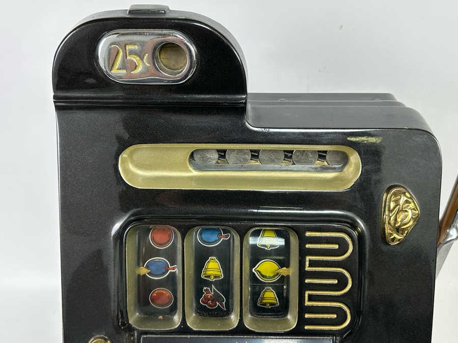 1940s Mills 25 Cent Black And Gold Golden Nugget Slot Machine Believed To Be A Reproduction In Great Working Condition Loaded With Quarters Ready To Payout 16W X 15.5D X 26H [Photo 9]