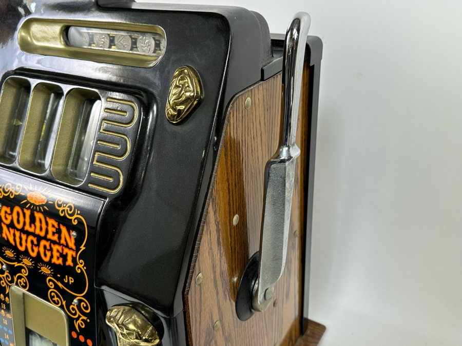 1940s Mills 25 Cent Black And Gold Golden Nugget Slot Machine Believed To Be A Reproduction In Great Working Condition Loaded With Quarters Ready To Payout 16W X 15.5D X 26H [Photo 13]