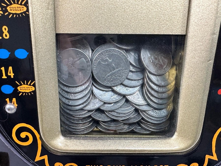 1940s Mills 25 Cent Black And Gold Golden Nugget Slot Machine Believed To Be A Reproduction In Great Working Condition Loaded With Quarters Ready To Payout 16W X 15.5D X 26H [Photo 7]