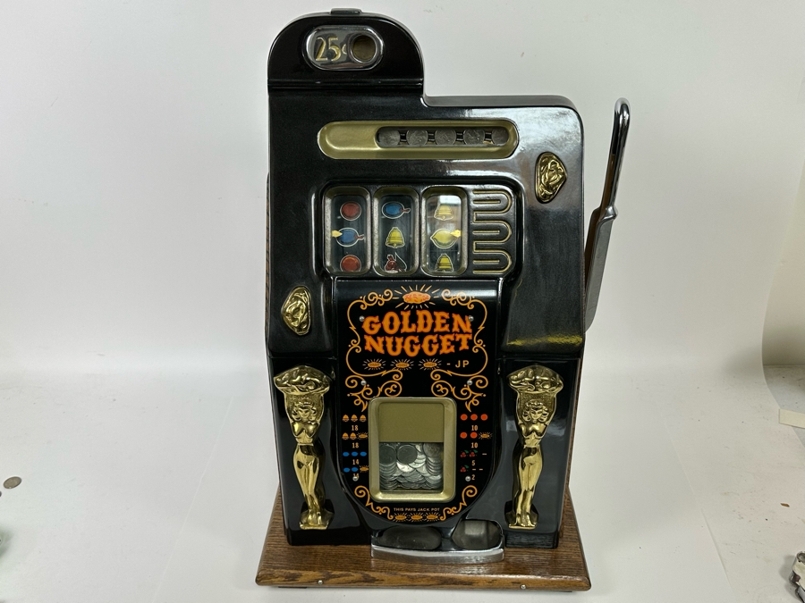 1940s Mills 25 Cent Black And Gold Golden Nugget Slot Machine Believed To Be A Reproduction In Great Working Condition Loaded With Quarters Ready To Payout 16W X 15.5D X 26H [Photo 3]
