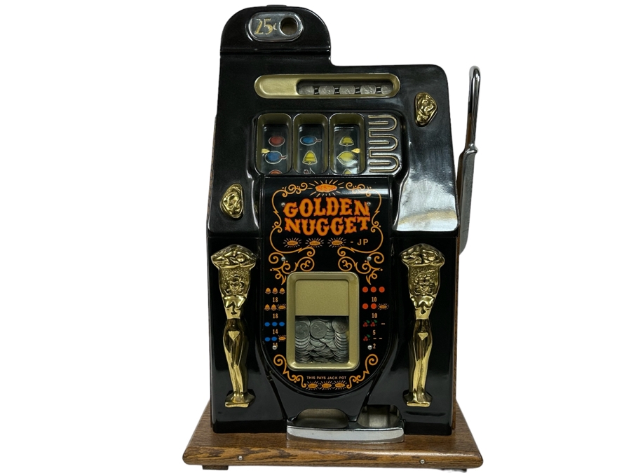 1940s Mills 25 Cent Black And Gold Golden Nugget Slot Machine Believed To Be A Reproduction In Great Working Condition Loaded With Quarters Ready To Payout 16W X 15.5D X 26H
