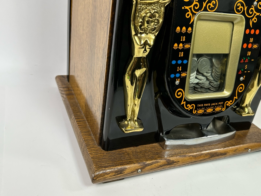 1940s Mills 25 Cent Black And Gold Golden Nugget Slot Machine Believed To Be A Reproduction In Great Working Condition Loaded With Quarters Ready To Payout 16W X 15.5D X 26H [Photo 12]