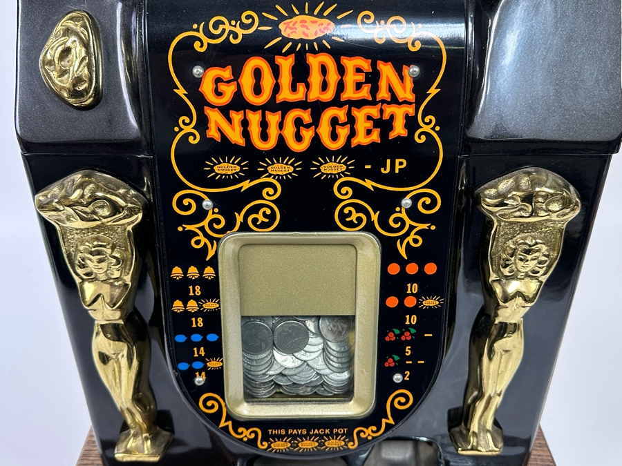 1940s Mills 25 Cent Black And Gold Golden Nugget Slot Machine Believed To Be A Reproduction In Great Working Condition Loaded With Quarters Ready To Payout 16W X 15.5D X 26H [Photo 5]