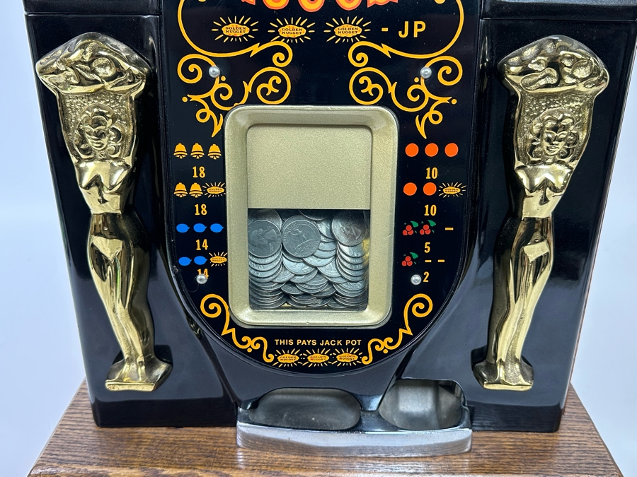 1940s Mills 25 Cent Black And Gold Golden Nugget Slot Machine Believed To Be A Reproduction In Great Working Condition Loaded With Quarters Ready To Payout 16W X 15.5D X 26H [Photo 6]