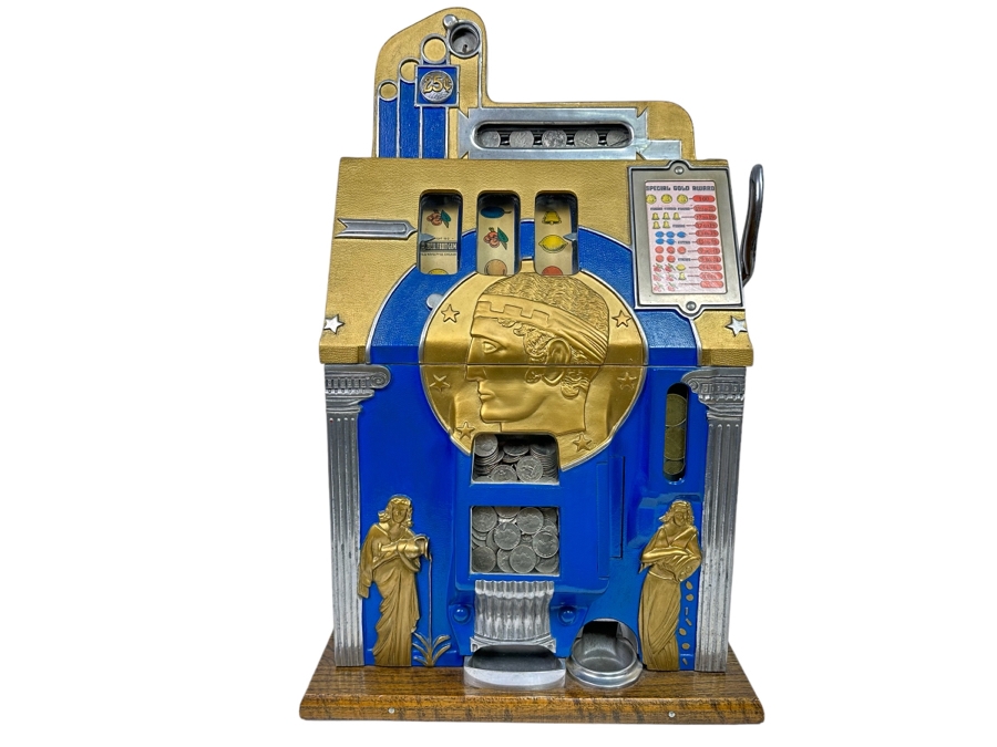 25 Cent Mills Novelty Roman Head Slot Machine Circa 1930s Loaded With Quarters Ready To Payout Great Working Condition With Key 16W X 15D X 27H See Video For Demo SN 307725