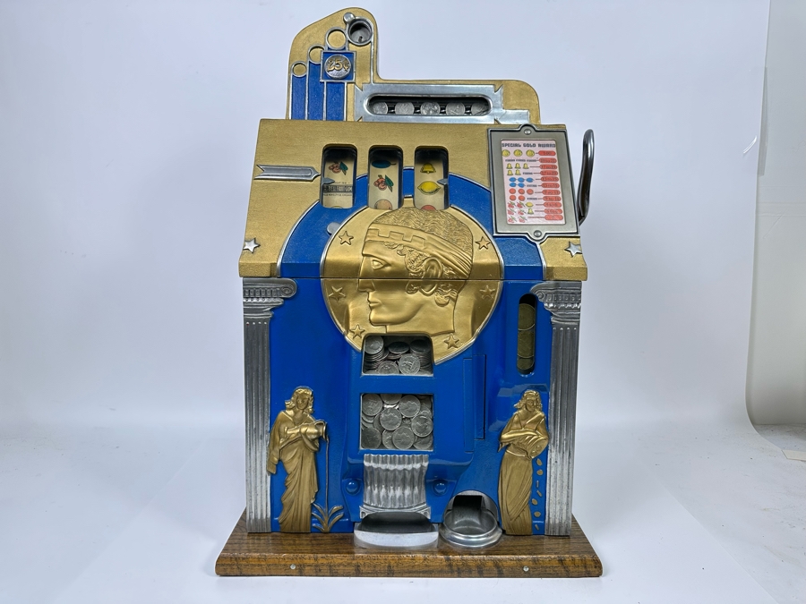 25 Cent Mills Novelty Roman Head Slot Machine Circa 1930s Loaded With Quarters Ready To Payout Great Working Condition With Key 16W X 15D X 27H See Video For Demo SN 307725 [Photo 2]