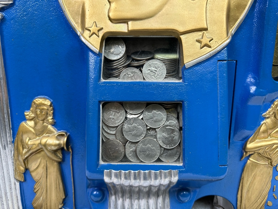 25 Cent Mills Novelty Roman Head Slot Machine Circa 1930s Loaded With Quarters Ready To Payout Great Working Condition With Key 16W X 15D X 27H See Video For Demo SN 307725 [Photo 11]
