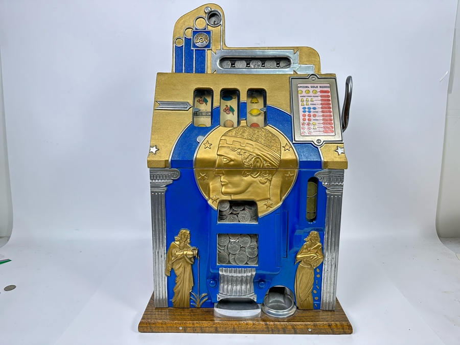 25 Cent Mills Novelty Roman Head Slot Machine Circa 1930s Loaded With Quarters Ready To Payout Great Working Condition With Key 16W X 15D X 27H See Video For Demo SN 307725 [Photo 3]